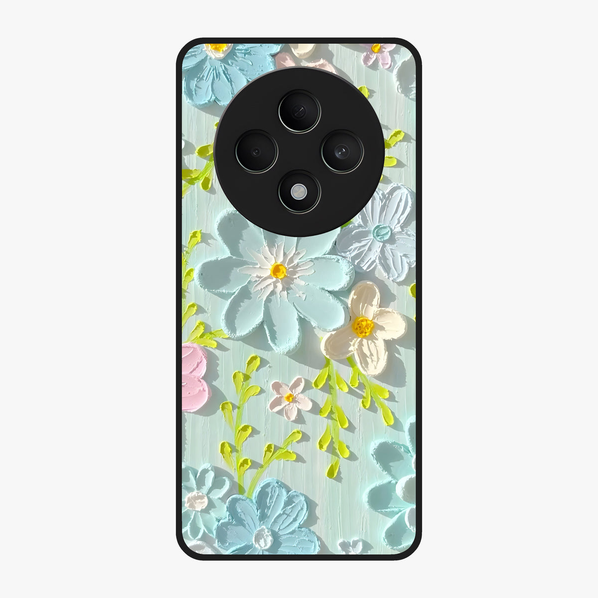Frosted Petal Garden Glass Case showing flat back view with soft frosted floral artwork and glossy glass finish.