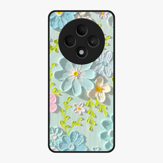 Frosted Petal Garden Glass Case showing flat back view with soft frosted floral artwork and glossy glass finish.