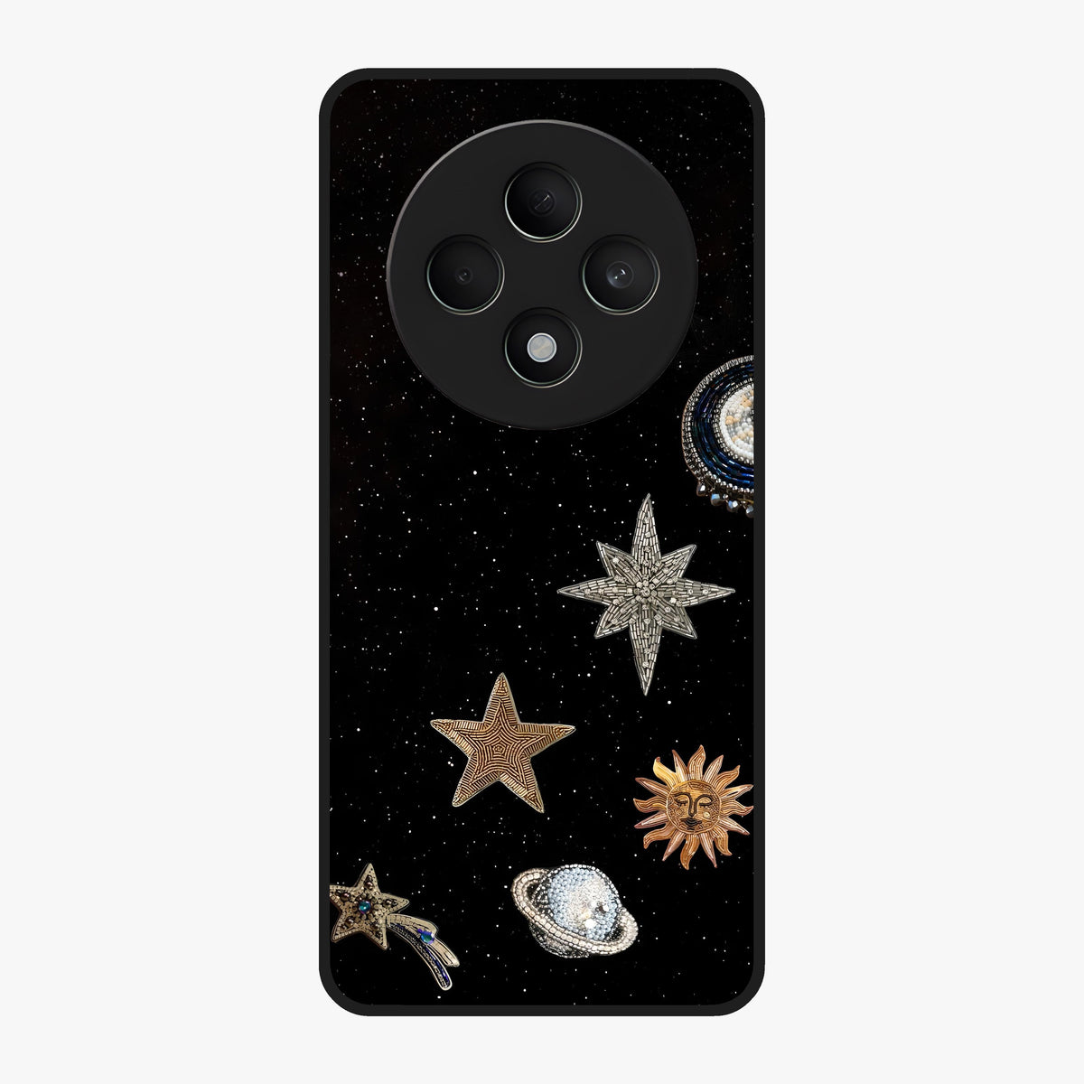 Galactic Charm Glow Glass Case showing flat back view with glowing celestial charm artwork and glossy glass finish.