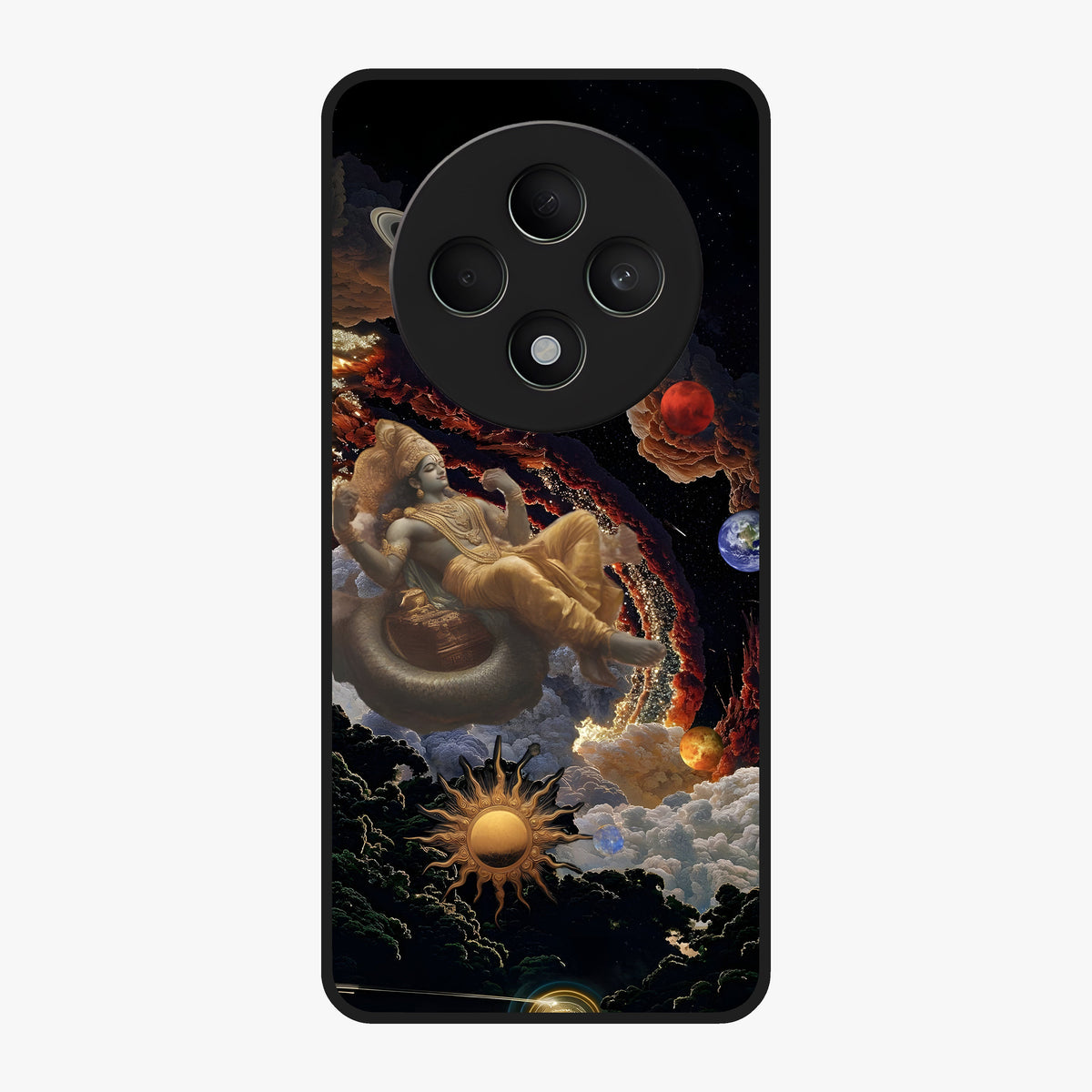 Galactic Divine God Glass Case showing flat back view with divine cosmic themed artwork and glossy glass finish.