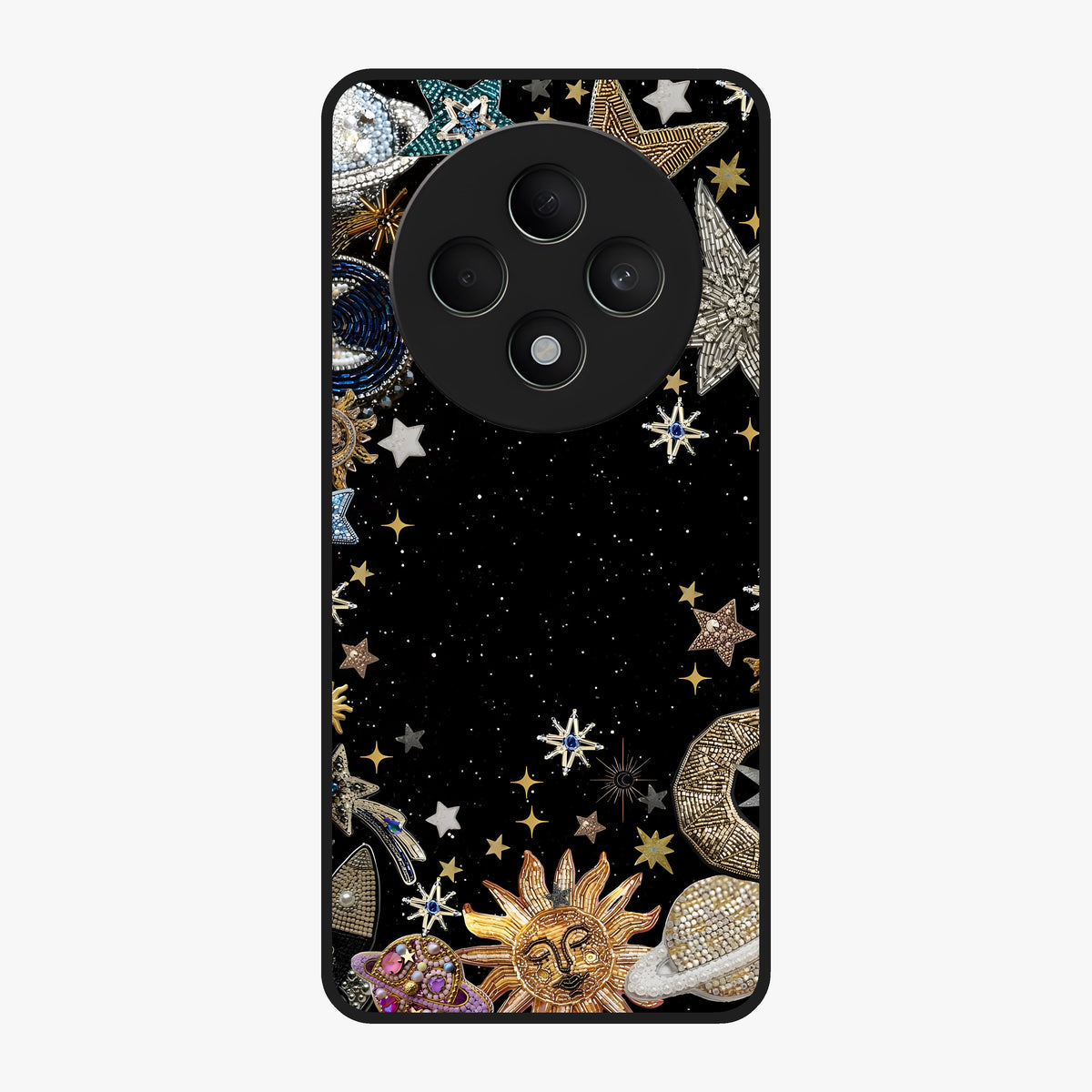 Galactic Jewel Stars Glass Case showing flat back view with sparkling star jewel artwork and glossy glass finish.