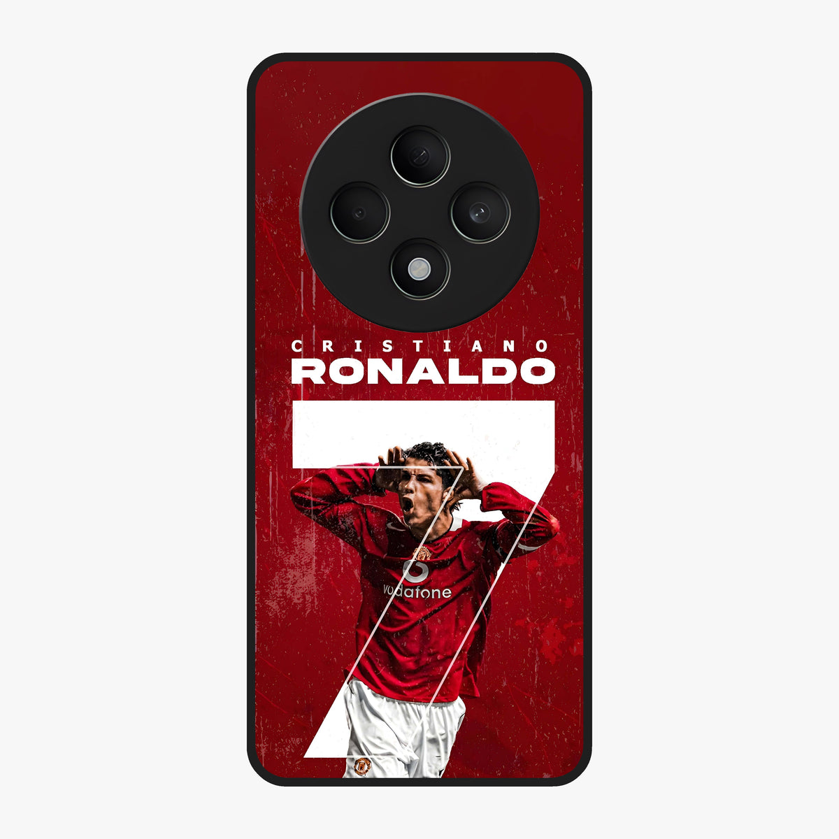 Goal Celebration Legacy Glass Case showing flat back view with football celebration inspired artwork and glossy glass finish.