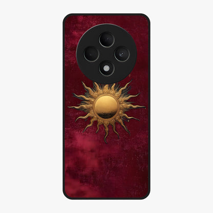 Gold Sun Blush Glass Case showing flat back view with golden sun inspired artwork and glossy glass finish.