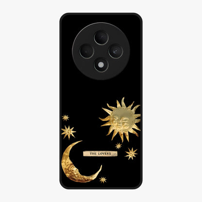Golden Celestial Charm Glass Case showing flat back view with golden celestial charm artwork and glossy glass finish.