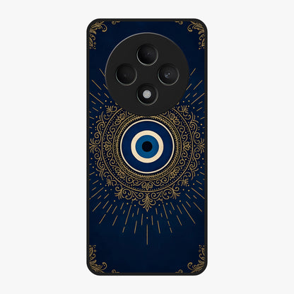 Golden Evil Eye Mandala Glass Case showing flat back view with intricate evil eye mandala artwork and glossy glass finish.