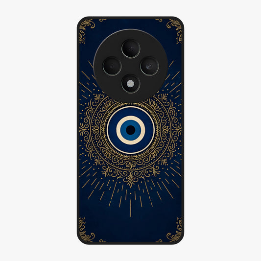 Golden Evil Eye Mandala Glass Case showing flat back view with intricate evil eye mandala artwork and glossy glass finish.