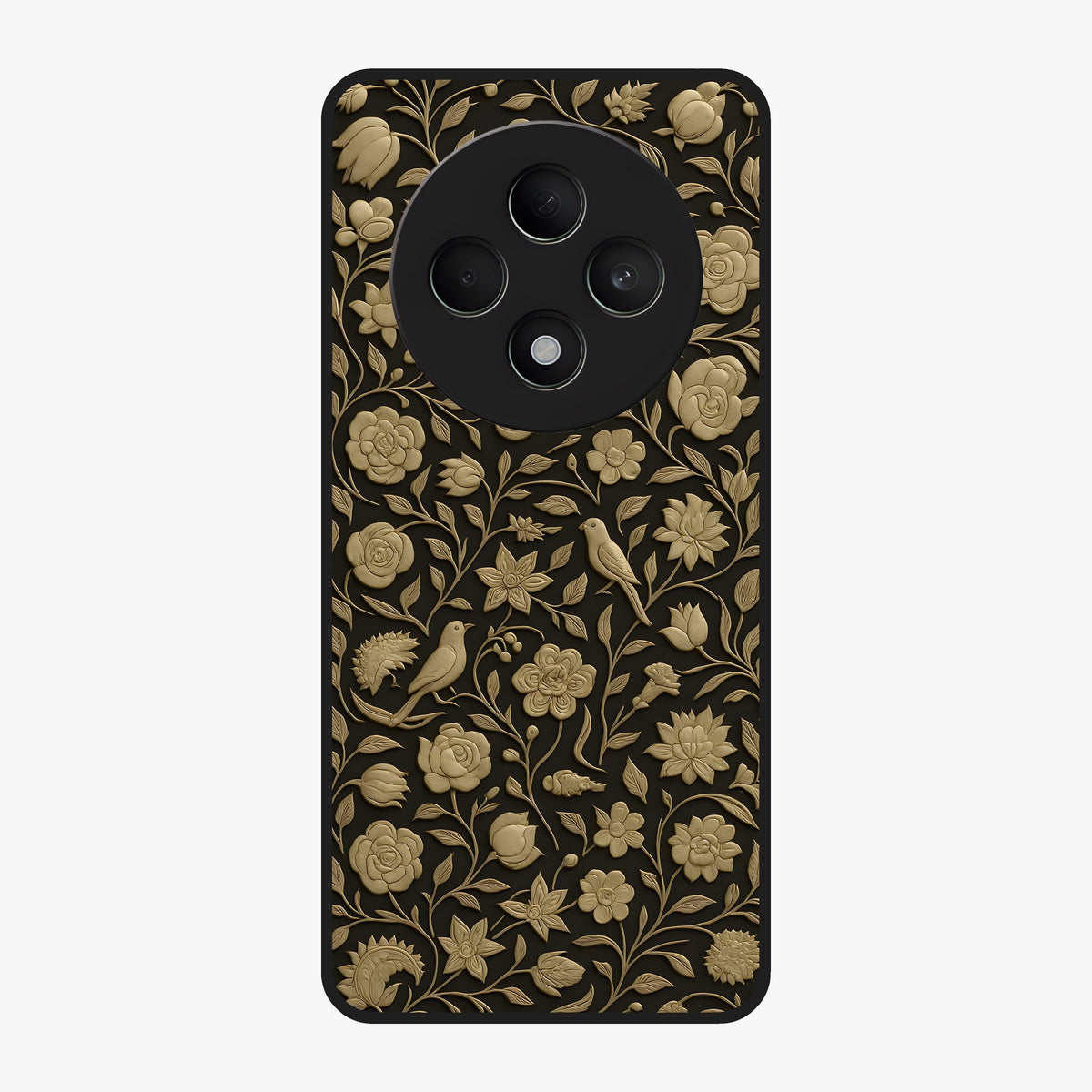 Golden Floral Majesty Glass Case showing flat back view with luxurious golden floral artwork and glossy glass finish.