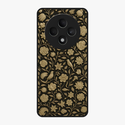Golden Floral Majesty Glass Case showing flat back view with luxurious golden floral artwork and glossy glass finish.