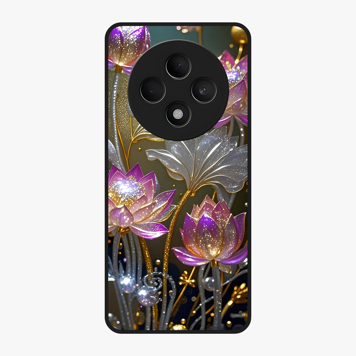 Golden Lotus Glow Glass Case showing flat back view with glowing lotus flower artwork and glossy glass finish.