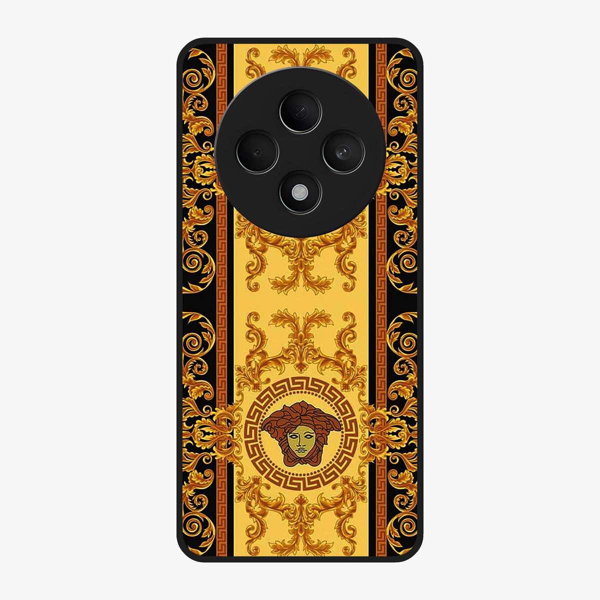 Golden Royal Heritage Glass Case showing flat back view with ornate royal pattern artwork and glossy glass finish.
