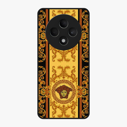 Golden Royal Heritage Glass Case showing flat back view with ornate royal pattern artwork and glossy glass finish.