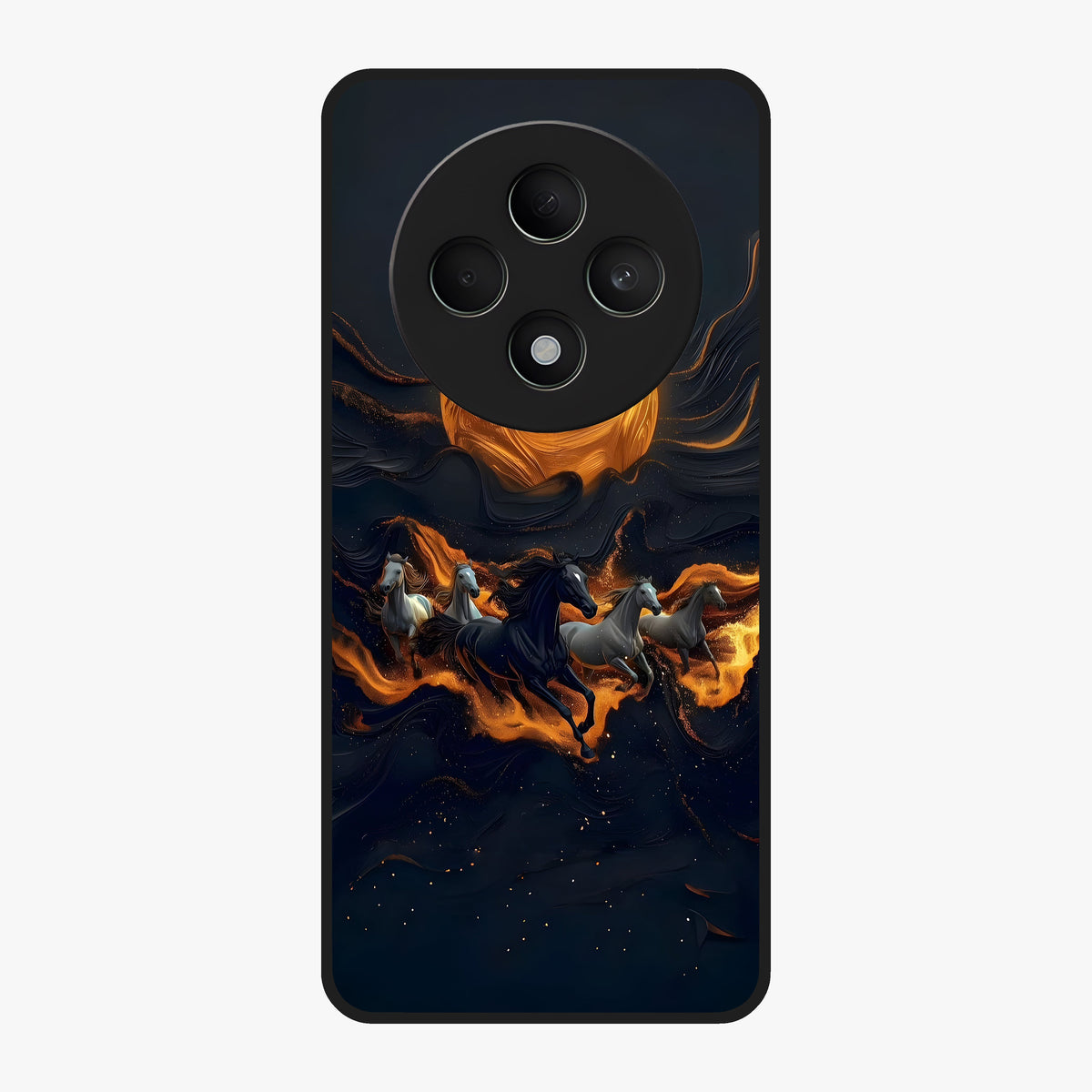 Golden Stallion Moonride Glass Case showing flat back view with majestic horse under moonlight artwork and glossy glass finish.