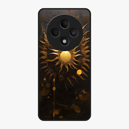 Golden Sun Majesty Glass Case showing flat back view with radiant golden sun artwork and glossy glass finish.