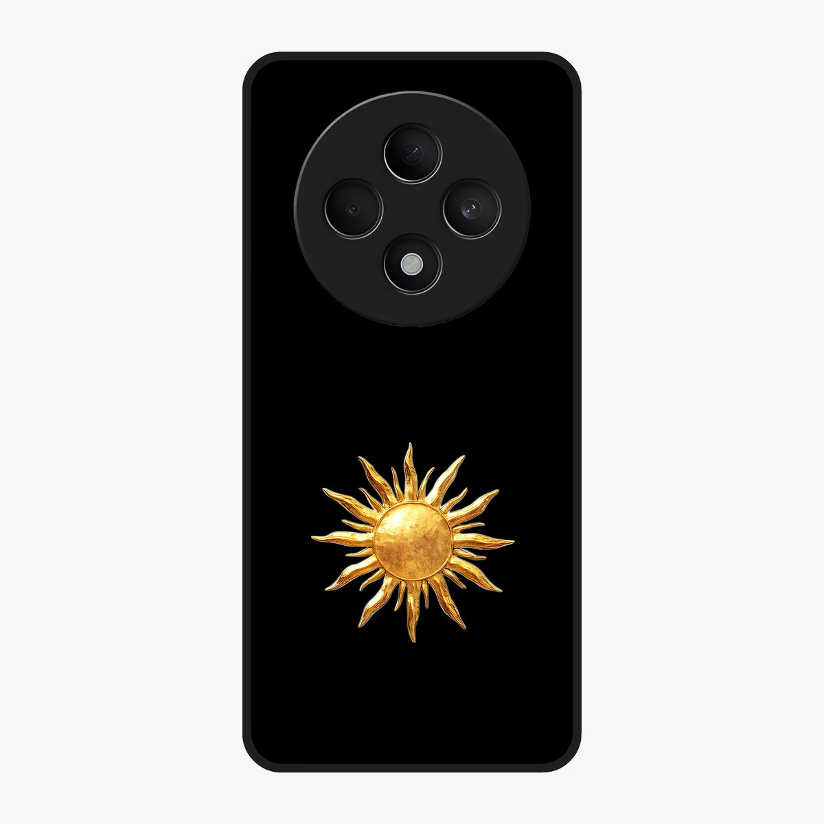 Golden Sun Minimalism Glass Case showing flat back view with minimal golden sun artwork and glossy glass finish.