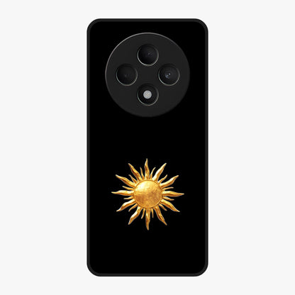 Golden Sun Minimalism Glass Case showing flat back view with minimal golden sun artwork and glossy glass finish.
