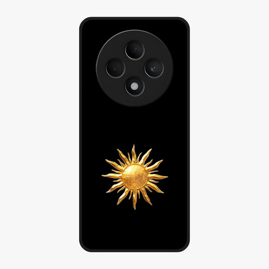 Golden Sun Minimalism Glass Case showing flat back view with minimal golden sun artwork and glossy glass finish.