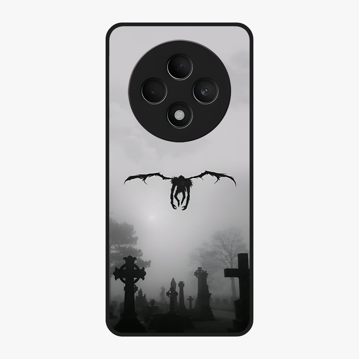 Graveyard Shadow Descent Glass Case showing flat back view with dark graveyard themed artwork and glossy glass finish.