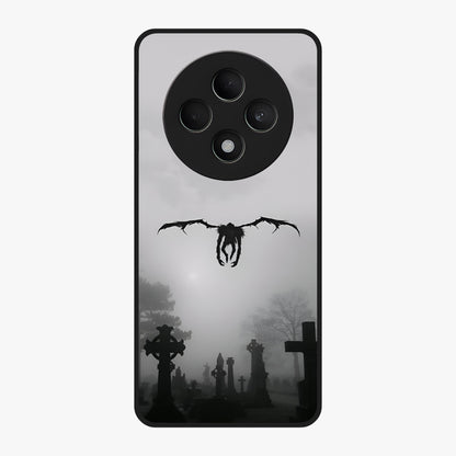 Graveyard Shadow Descent Glass Case showing flat back view with dark graveyard themed artwork and glossy glass finish.
