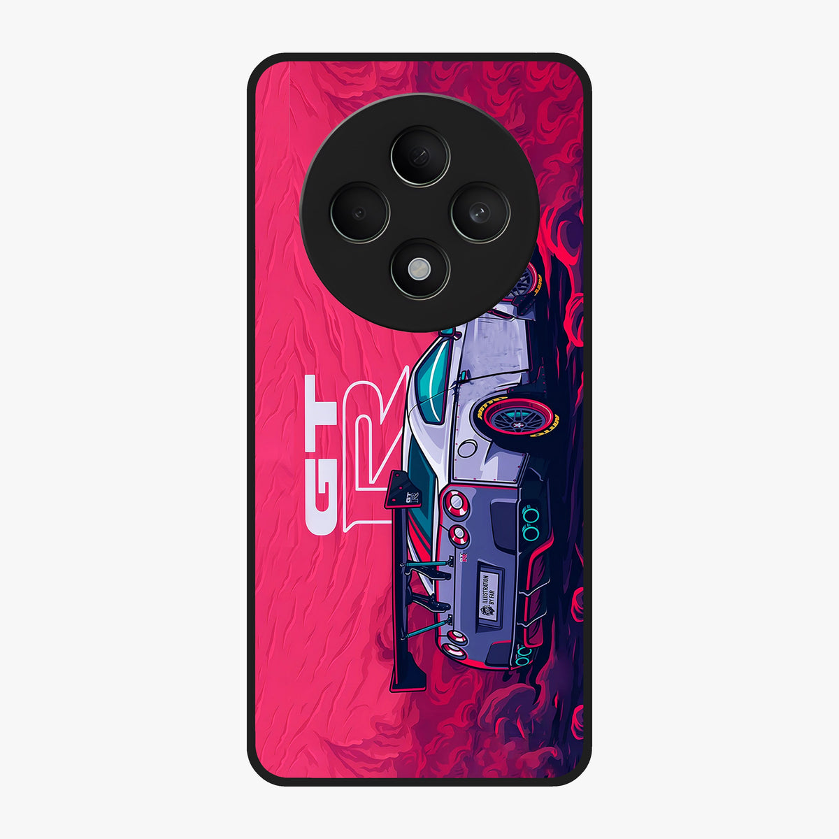 GT-R Car Pattern Glass Case showing flat back view with sporty car inspired pattern artwork and glossy glass finish.