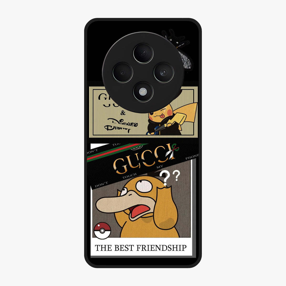 Gucci Play Mashup Glass Case showing flat back view with luxury inspired graphic artwork and glossy glass finish.