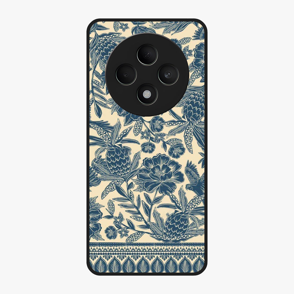 Heirloom Wild Bloom Glass Case showing flat back view with vintage inspired wild flower artwork and glossy glass finish.