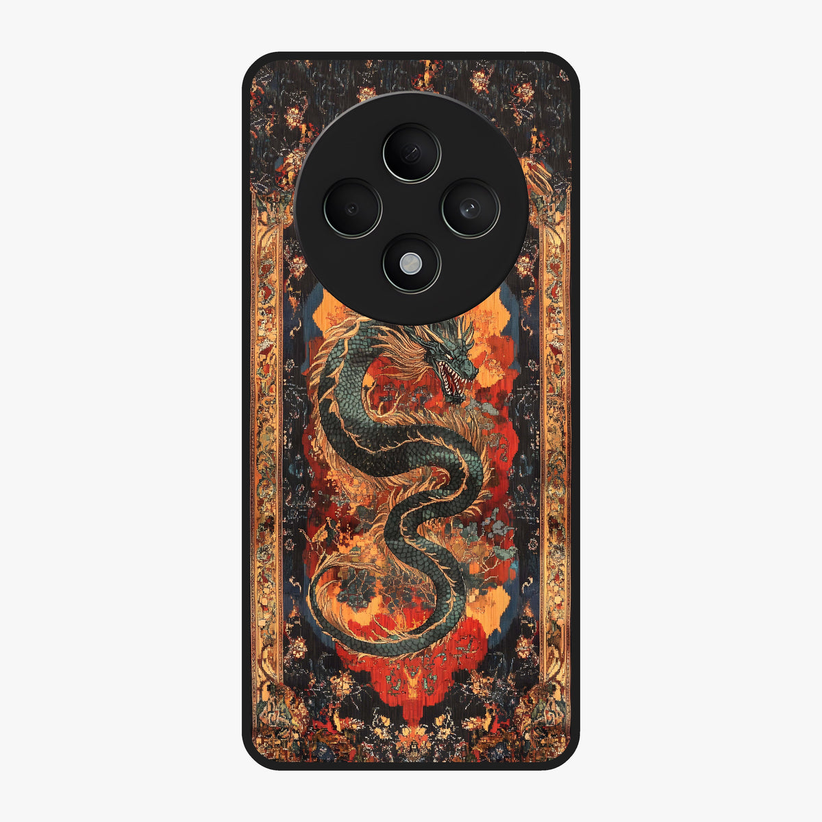 Inferno Dragon Soul Glass Case showing flat back view with fiery dragon artwork and glossy glass finish.