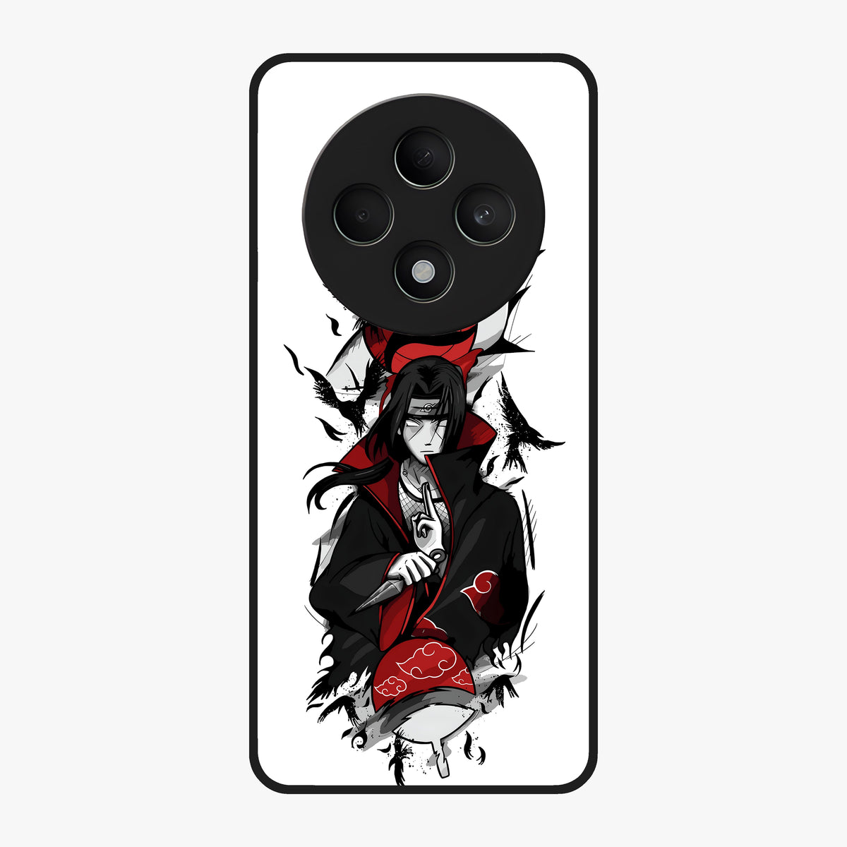 Itachi Sharingan Glass Case showing flat back view with powerful anime eye artwork and glossy glass finish.