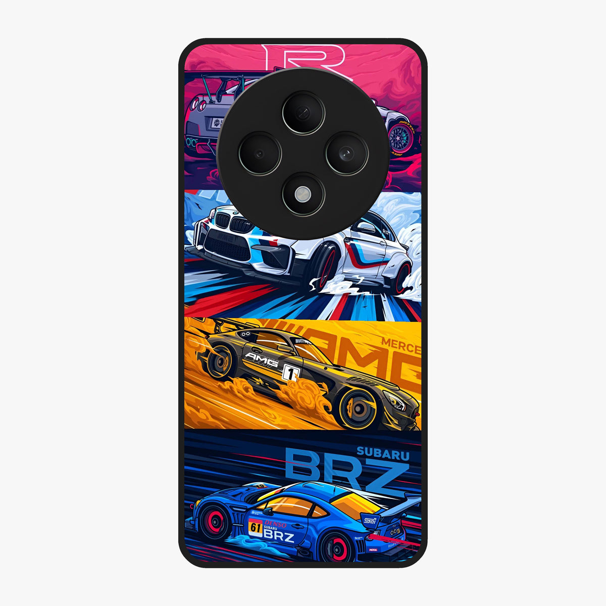 JDM Sports Car Glass Case showing flat back view with high performance sports car artwork and glossy glass finish.