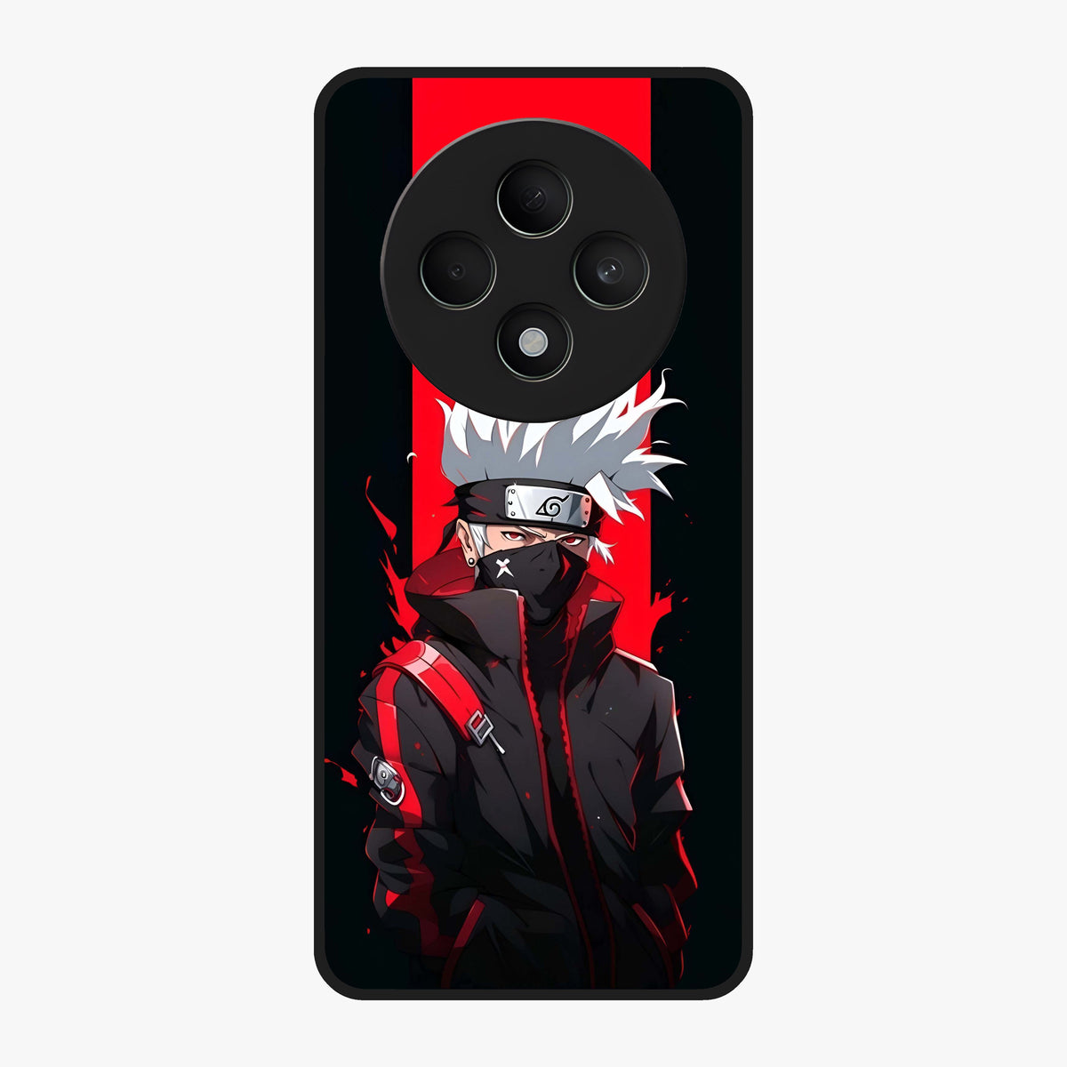 Kakashi Scarlet Shadow Glass Case showing flat back view with powerful anime ninja artwork and glossy glass finish.
