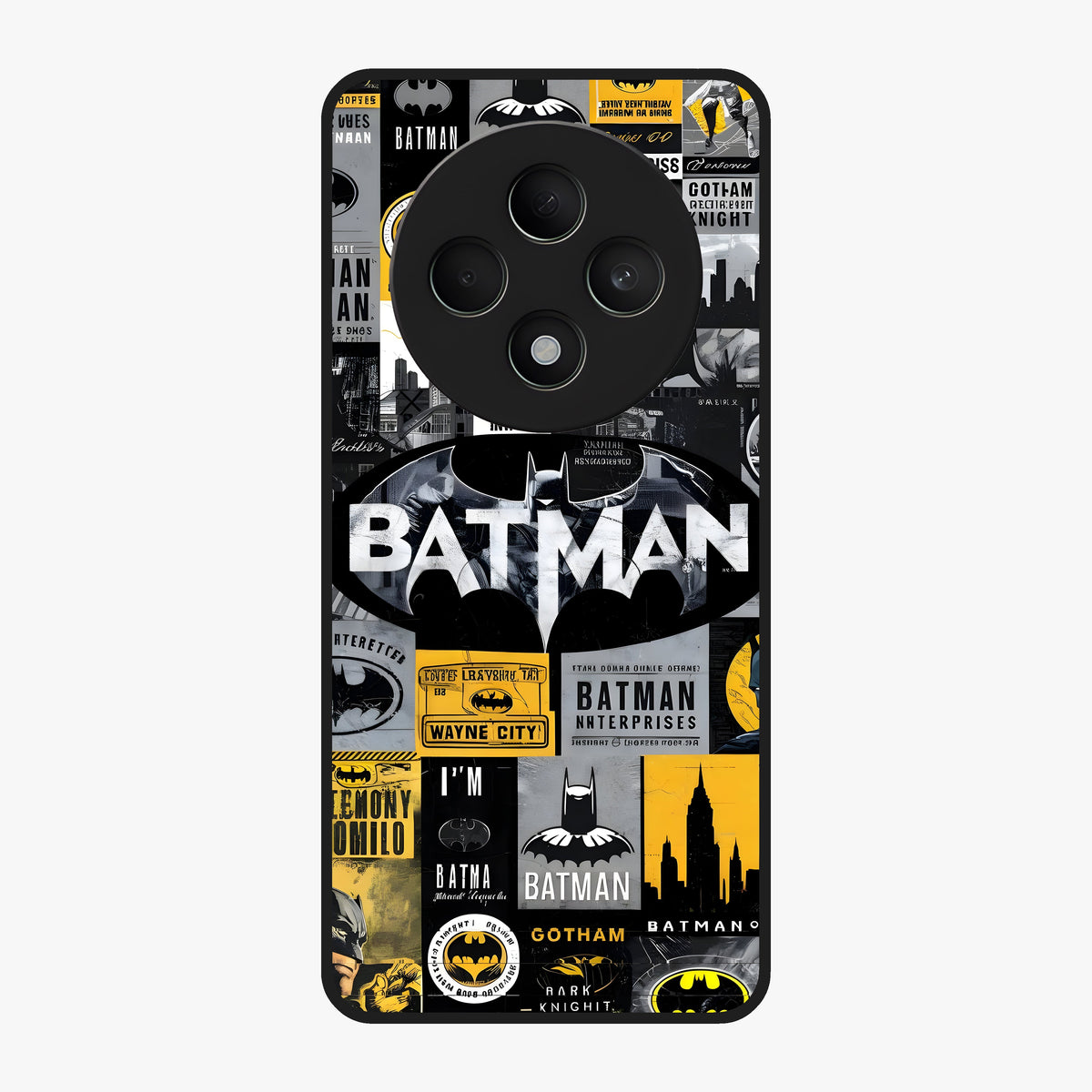 Knight Gotham Rise Glass Case showing flat back view with dark hero inspired artwork and glossy glass finish.