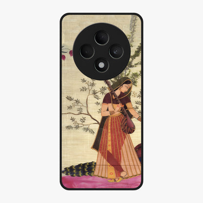 Lady With Veena Art Glass Case showing flat back view with elegant woman playing veena artwork and glossy glass finish.