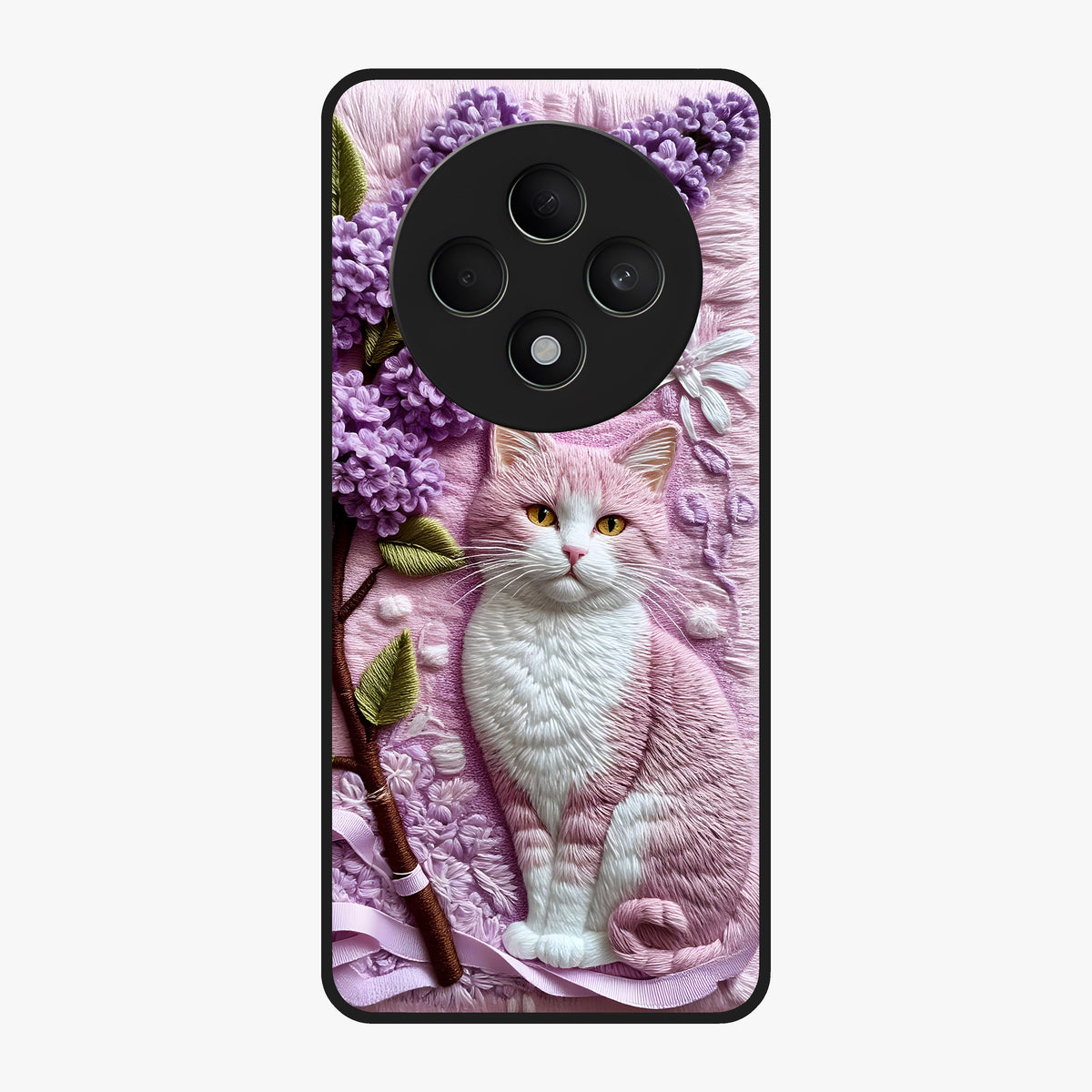 Lavender Cat Whimsy Glass Case showing flat back view with cute lavender cat artwork and glossy glass finish.