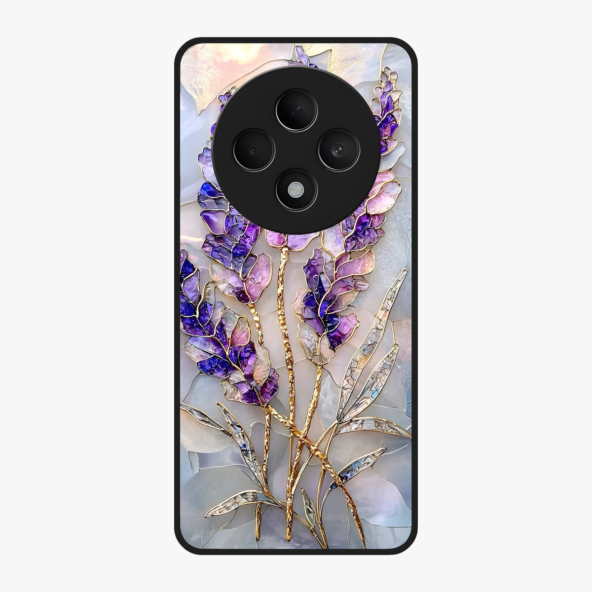 Lavender Dream Glow Glass Case showing flat back view with glowing lavender aesthetic artwork and glossy glass finish.