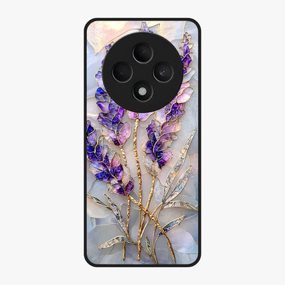 Lavender Dream Glow Glass Case showing flat back view with glowing lavender aesthetic artwork and glossy glass finish.