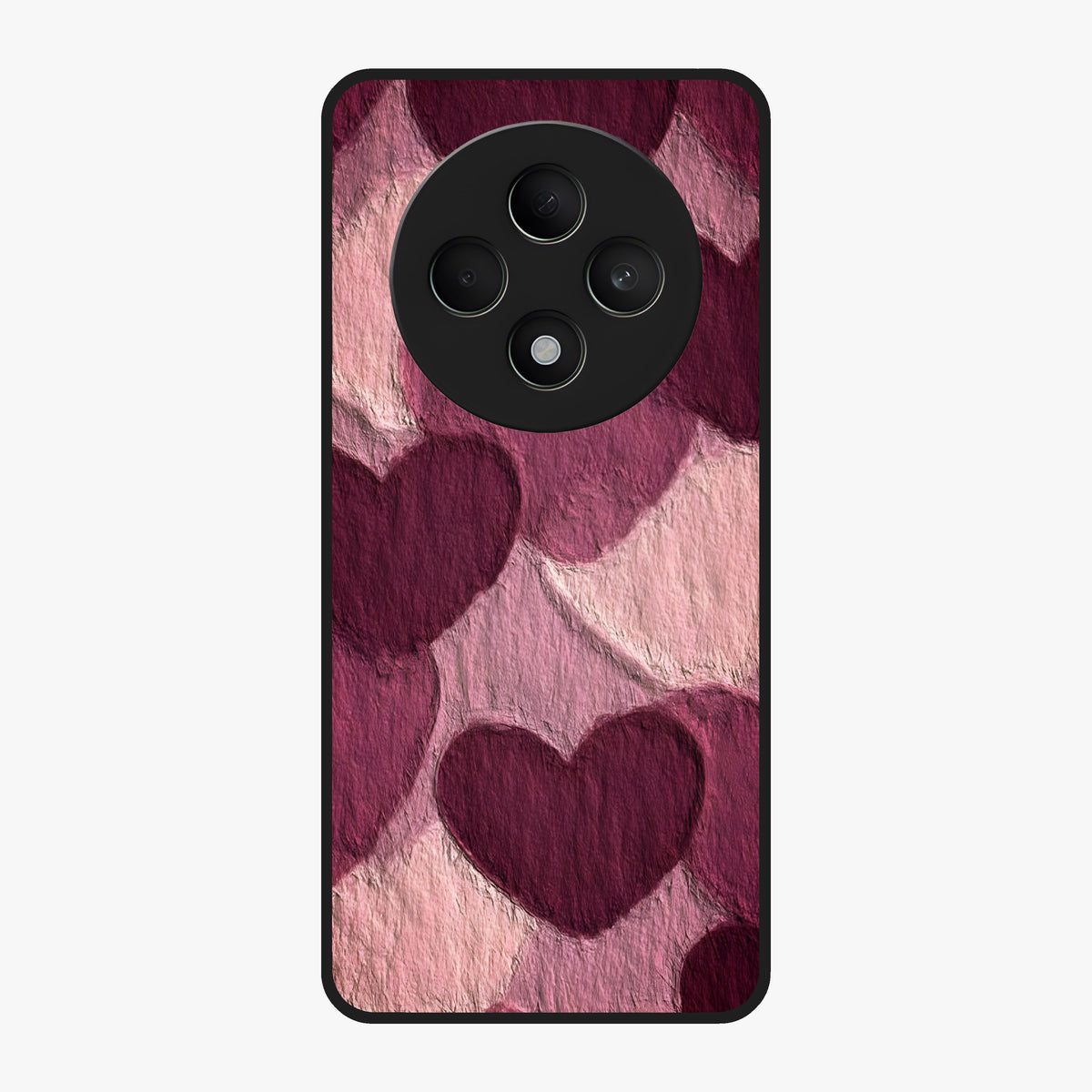Layered Paper Hearts Glass Case showing flat back view with layered paper heart artwork and glossy glass finish.