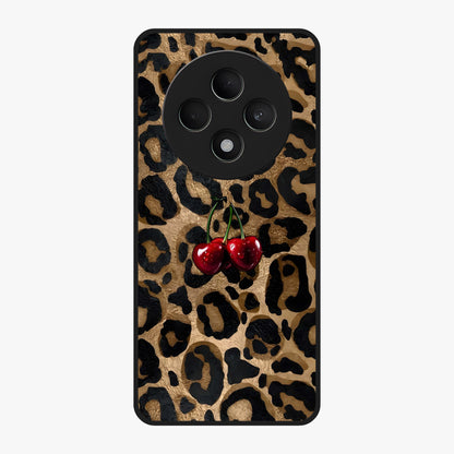 Leopard Wild Cherry Glass Case showing flat back view with leopard pattern and cherry artwork and glossy glass finish.
