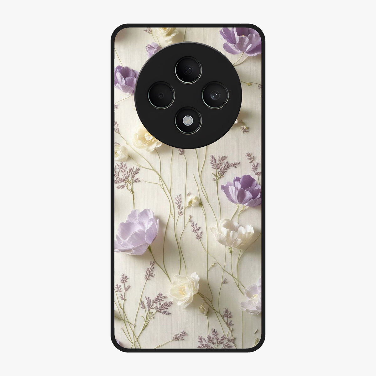 Lilac Breeze Harmony Glass Case showing flat back view with soft lilac themed artwork and glossy glass finish.