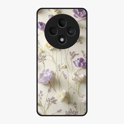 Lilac Breeze Harmony Glass Case showing flat back view with soft lilac themed artwork and glossy glass finish.