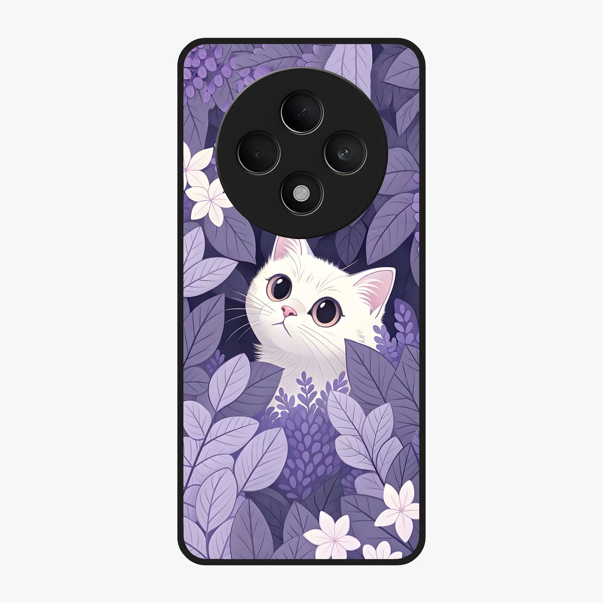 Lilac Hide Peek Cat Glass Case showing flat back view with cute peeking cat artwork and glossy glass finish.