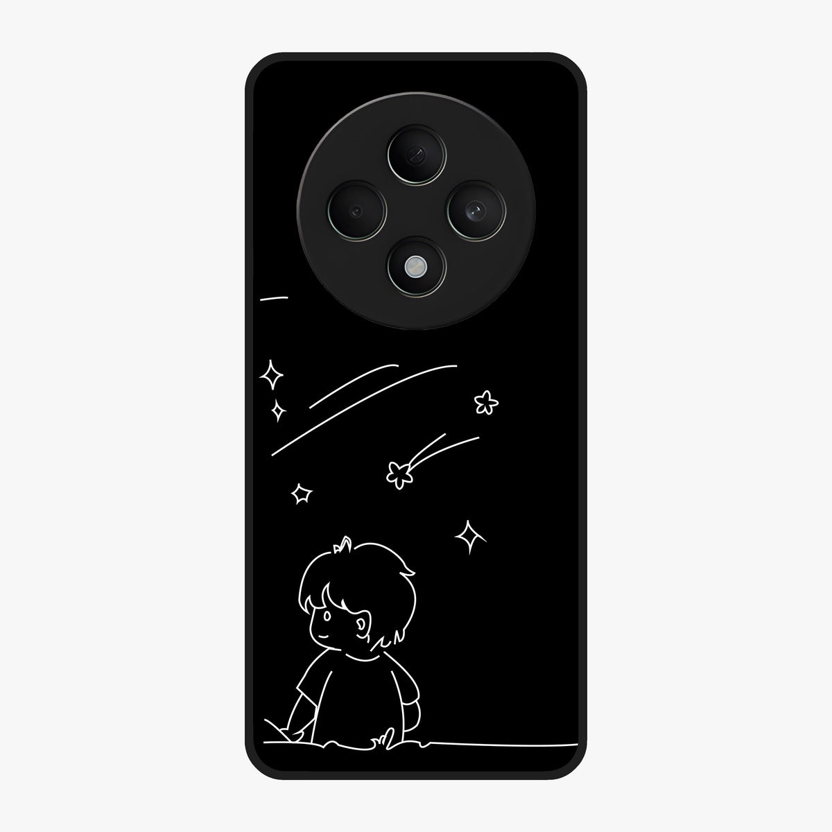 Line Art Boy With Shooting Stars Glass Case showing flat back view with minimal line art boy and shooting stars illustration and glossy glass finish.