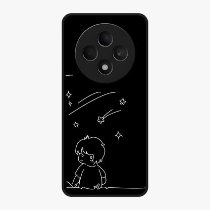 Line Art Boy With Shooting Stars Glass Case showing flat back view with minimal line art boy and shooting stars illustration and glossy glass finish.