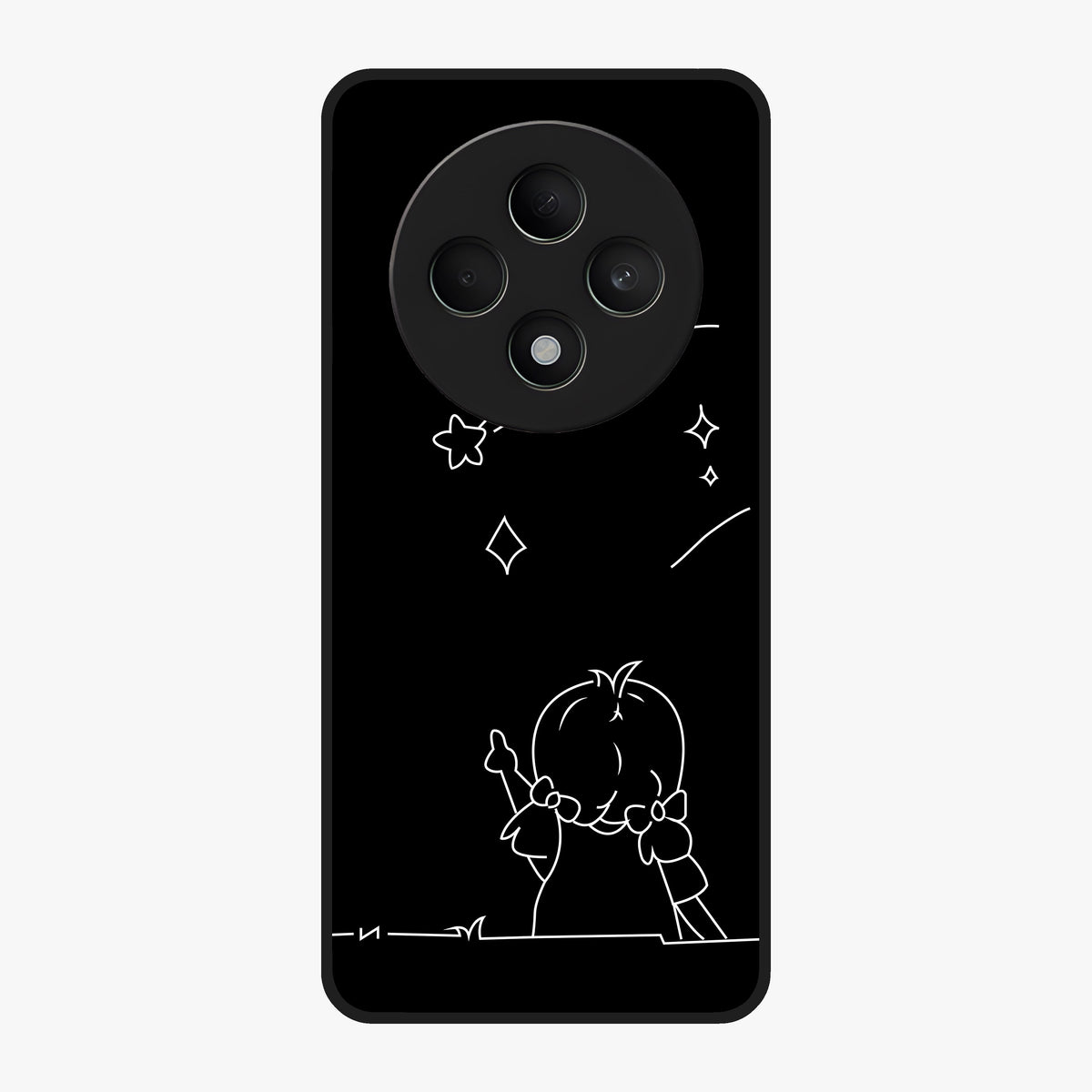 Line Art Girl With Shooting Stars Glass Case showing flat back view with minimal line art girl and shooting stars illustration and glossy glass finish.
