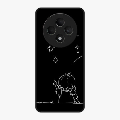 Line Art Girl With Shooting Stars Glass Case showing flat back view with minimal line art girl and shooting stars illustration and glossy glass finish.