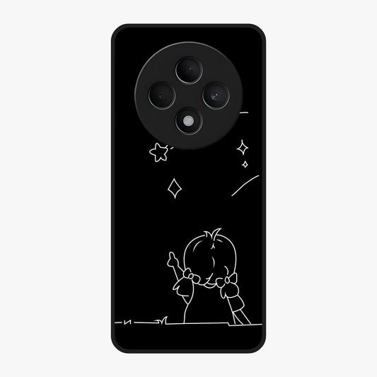 Line Art Girl With Shooting Stars Glass Case showing flat back view with minimal line art girl and shooting stars illustration and glossy glass finish.