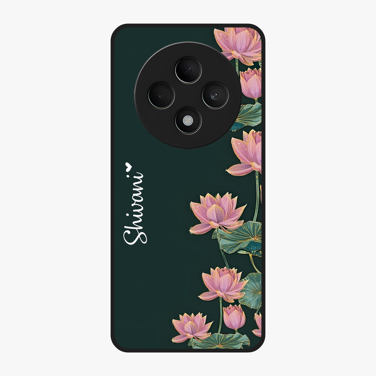 Lotus Bloom Serenity Custom Name Glass Case showing flat back view with elegant lotus flower artwork and personalized name design.