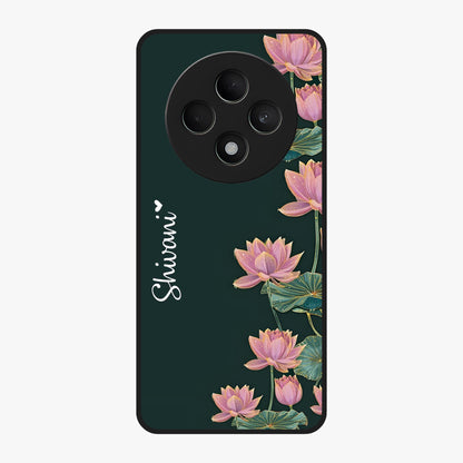 Lotus Bloom Serenity Custom Name Glass Case showing flat back view with elegant lotus flower artwork and personalized name design.