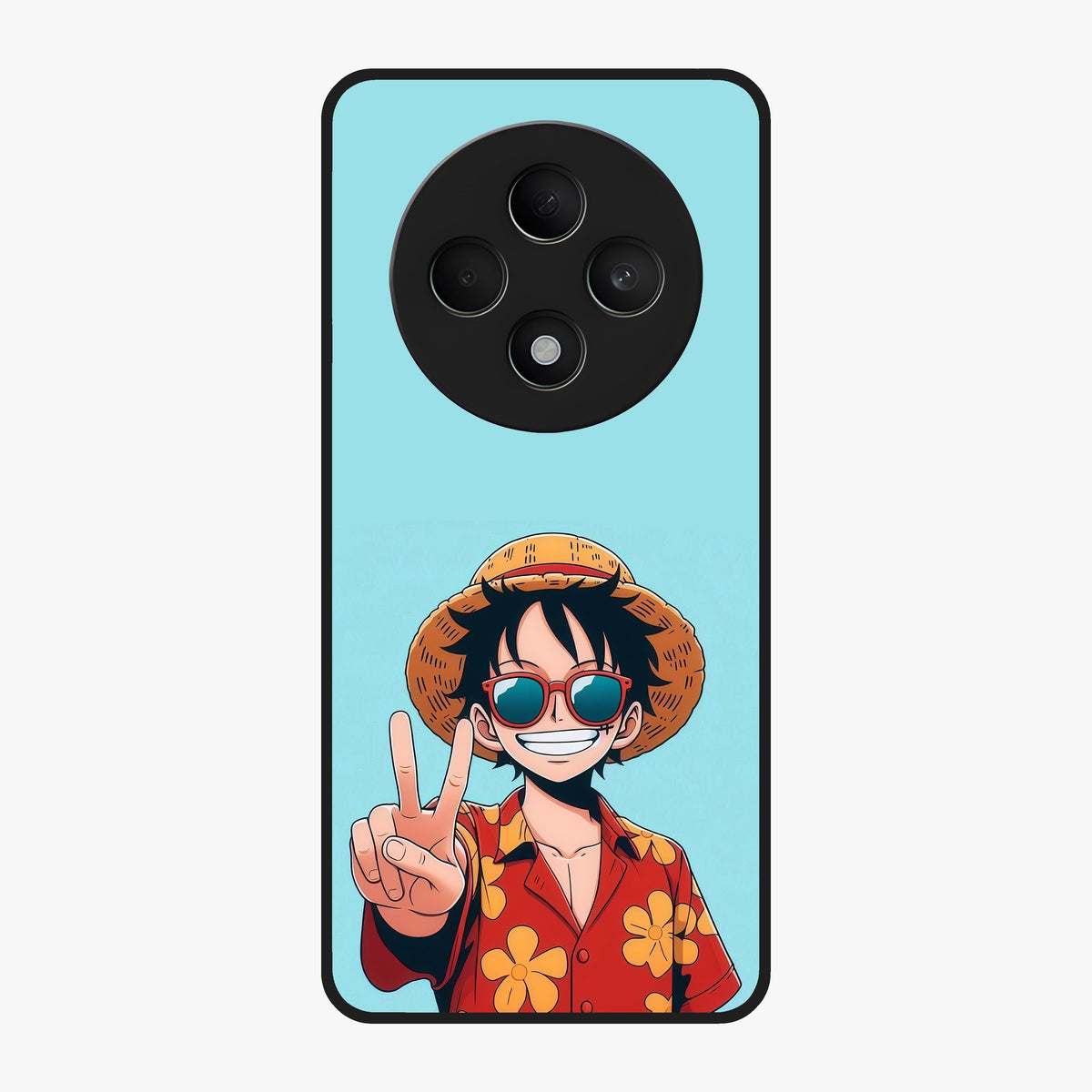 Luffy Summer Anime Vibe Glass Case showing flat back view with vibrant anime character artwork and glossy glass finish.