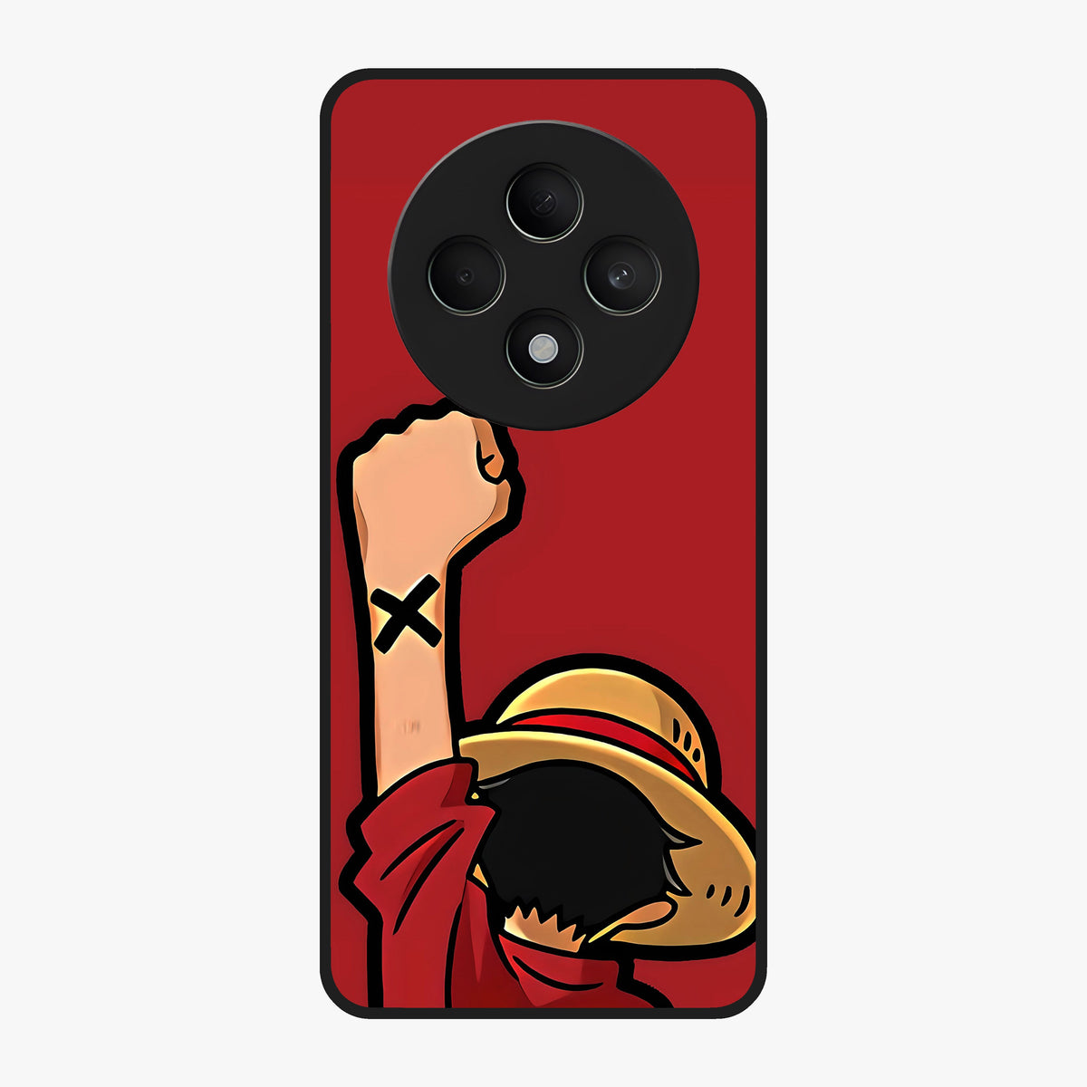 Luffy X Spirit Glass Case showing flat back view with bold anime character artwork and glossy glass finish.