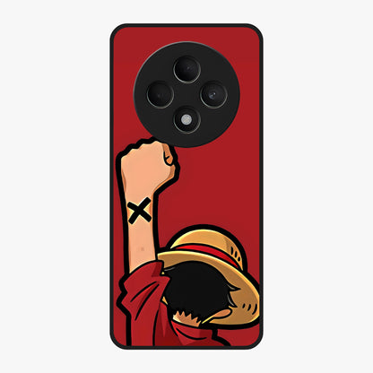 Luffy X Spirit Glass Case showing flat back view with bold anime character artwork and glossy glass finish.