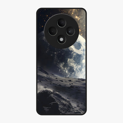Lunar Horizon Glow Glass Case showing flat back view with glowing moon horizon artwork and glossy glass finish.
